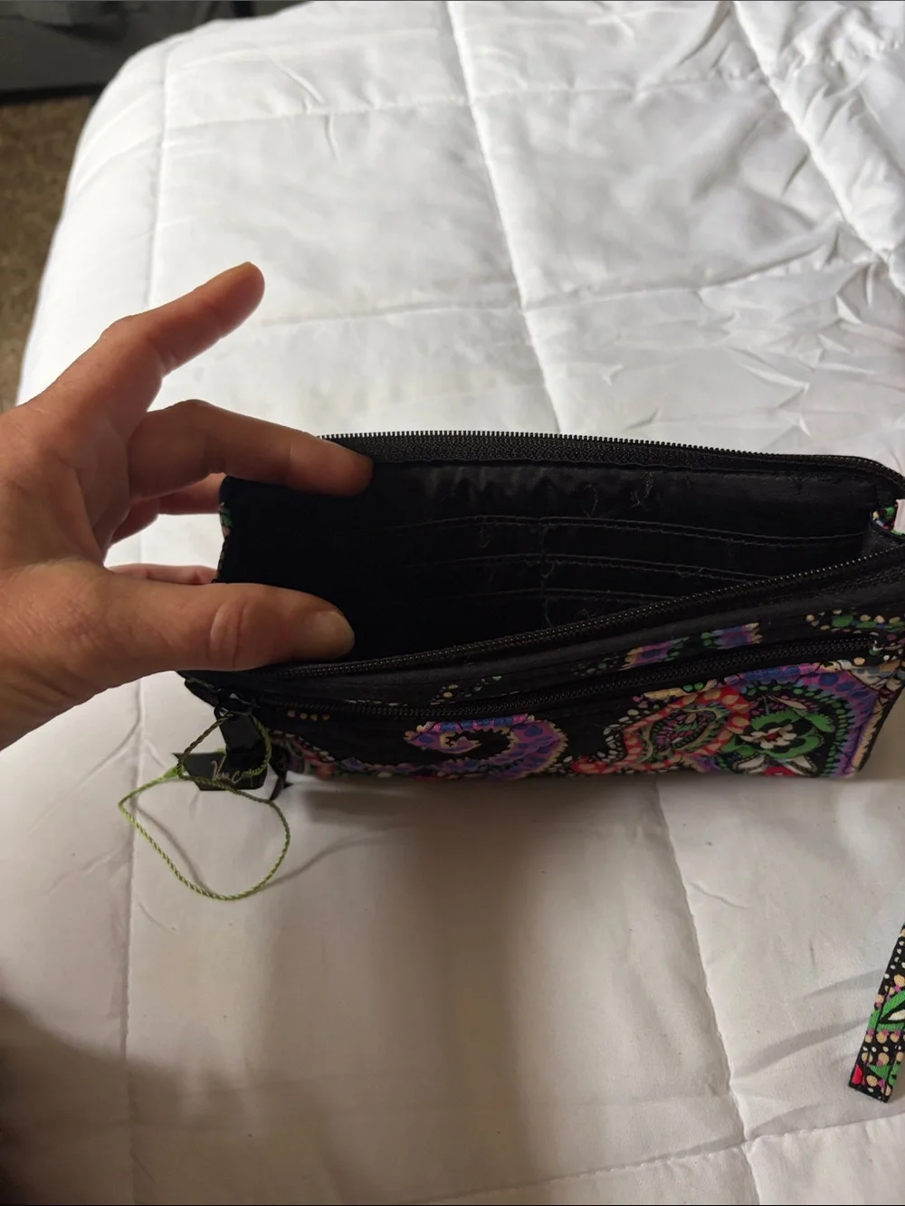 Vera Bradley Black Quilted Wristlet with Bright Paisley Print